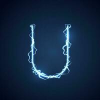 Blue lightning style letter or alphabet U. lightning and thunder bolt or electric font, glow and sparkle effect on blue background. vector design.