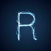 Blue lightning style letter or alphabet R. lightning and thunder bolt or electric font, glow and sparkle effect on blue background. vector design.