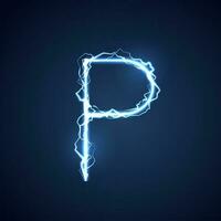 Blue lightning style letter or alphabet P. lightning and thunder bolt or electric font, glow and sparkle effect on blue background. vector design.