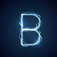 Blue lightning style letter or alphabet B. lightning and thunder bolt or electric font, glow and sparkle effect on blue background. vector design.