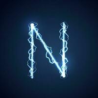 Blue lightning style letter or alphabet N. lightning and thunder bolt or electric font, glow and sparkle effect on blue background. vector design.