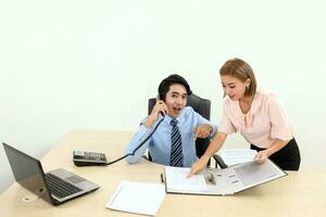 Asian young man woman malay chinese office confident happy sit stand phone talk show see document file folder photo