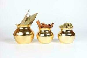 Cardamom cinnamon bay leaf spice in shiny metal pot photo