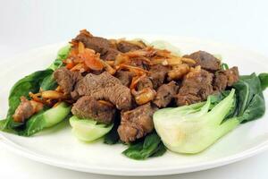 Soy ginger beef on bed of blanched bok choy photo