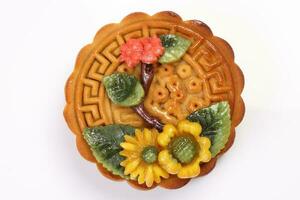 vistoso flor decorado Pastel de luna chino medio otoño festival en blanco antecedentes foto