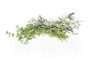 Rosemary Thyme green herb bundle on white background photo
