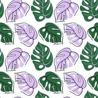 Abstract minimalistic background with monstera leaves in one line drawing and flat. Tropical plant vector illustration. Botanical seamless pattern for paper, textile, cards.