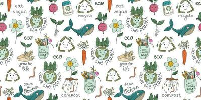 Eco theme seamless pattern. Environmental conservation, Earth Day concept. Motivational text and ecological symbols. Cute kawaii design elements. Vector illustration.