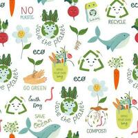 Seamless pattern with eco and healthy life symbols. Environmental conservation, Earth Day concept. Motivational slogans. Cute kawaii design elements. Flat style vector illustration.