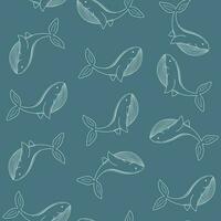 Minimalistic style pattern with whales. Sea animal line silhouette on soft blue background. Cute vector print for paper, textile, scrapbooking, wallpaper.