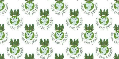 Seamless pattern with kawaii globe and slogan. Environmental conservation, Earth Day concept. Save the planet. Cute ecological vector illustration.