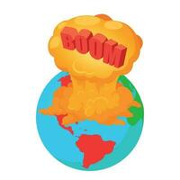 Boom icon isometric vector. Cloud explosion with lettering boom on planet earth vector