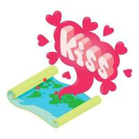 Kiss icon isometric vector. Open world map with red pin and kiss speech bubble vector