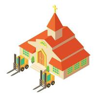 Construction site icon isometric vector. Two forklift near church building icon vector