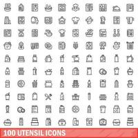 100 utensil icons set, outline style vector