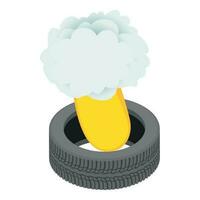 Burnt wheel icon isometric vector. Old worn car tire and flame tongue with cloud vector