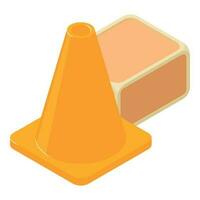 Road equipment icon isometric vector. Yellow traffic cone and postal parcel icon vector