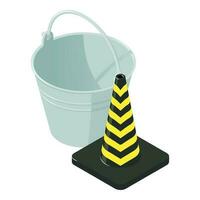 Equipment icon isometric vector. Striped fire fencing and metal sand bucket icon vector