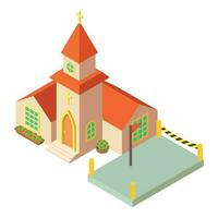 Repair work icon isometric vector. Closed cement site near christian church icon vector