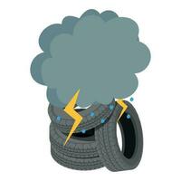 Tire junkyard icon isometric vector. Old worn car tire and storm cloud with rain vector