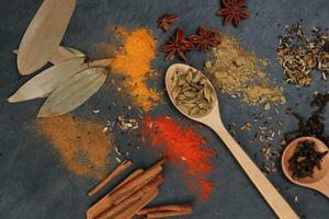 Mix variety spice cinnamon cardamom clove bay leaf wooden chilli cumin turmeric powered on black slate background photo