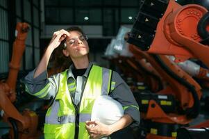 Portrait of female engineer with the mission of auditing, testing, improving software and calibrating robotics arm. photo