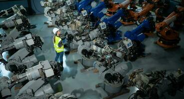 A female engineer installs a program on a robotics arm in a robot warehouse. And test the operation before sending the machine to the customer. photo