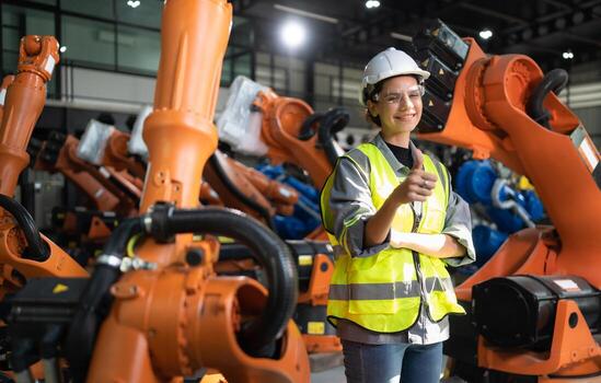 Portrait of female engineer with the mission of auditing, testing, improving software and calibrating robotics arm. photo