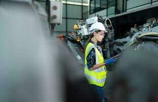 A female engineer installs a program on a robotics arm in a robot warehouse. And test the operation before sending the machine to the customer. photo