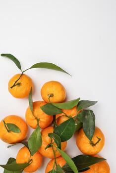 mandarin orange green leaf wood crate box top view copy text space frame on white background photo