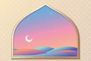 Dreamy neon color night desert scenery looking through from islamic arch window on arabesque background vector