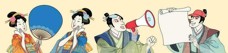 Ukiyo-e people holding paddle fan, megaphone and blank paper roll vector