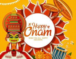 Happy Onam festival with Kathakali dancer and floral elements vector