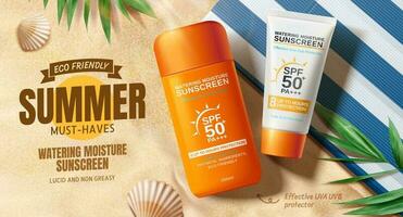 Sunscreen ads on beautiful beach and tropical plants decorations in 3d illustration, top view vector