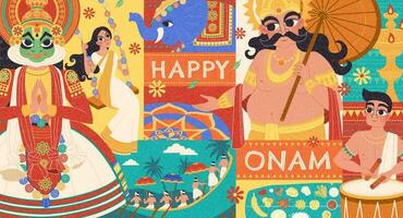 contento onam plano diseño con Mahabali y Kathakali bailarín caracteres vector