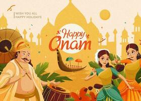 Happy Onam celebration with Mahabali king and dancers on chrome yellow architecture silhouette background vector