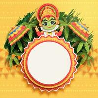 Happy Onam festival design with cute Kathakali dancer on palm tree background in paper art vector