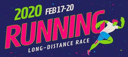 Colorful running event banner with fluorescent green runner on dark blue background vector