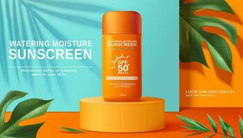 Moisture sunscreen ads on orange cylinder with tropical plants in 3d illustration vector