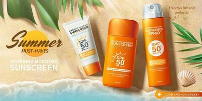 protector solar anuncios en hermosa playa y tropical plantas decoraciones en 3d ilustración, parte superior ver vector