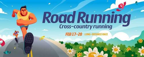 Road running event banner design with energetic competitors passing by flourish plants vector