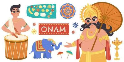 contento onam plano diseño con mahabali, Kathakali bailarín y elefante procesión elementos vector