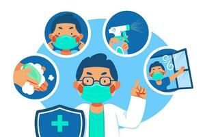 Hygiene promotion for influenza or COVID-19, doctor explaining tips for protect yourself in flat style illustration vector