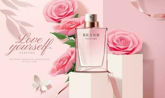 elegante perfume anuncios con papel ligero rosado rosas decoraciones en 3d ilustración vector