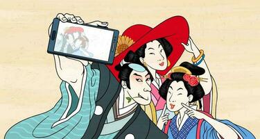 Retro Japanese people taking selfie with smartphone in traditional ukiyo-e style, isolated on yellow background vector