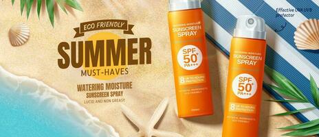 Sunscreen spray ads on beautiful beach with seashell in 3d illustration, top view vector