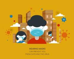 People wearing masks in the city in flat design on mustard yellow background, Coronavirus prevention illustration vector