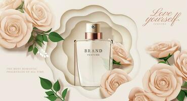 Elegant perfume ads with paper beige roses decorations in 3d illustration vector