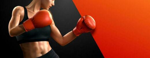 Female boxer with red boxing gloves in 3d illustration, copy space for ads design vector