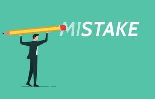 A man holds pencil with eraser is correcting mistakes, the ways move forward and make amends, erase the word mistake vector